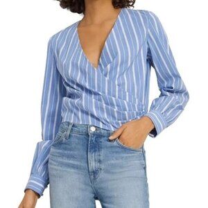 Theory Quincy Blue Striped Faux Wrap Top Small